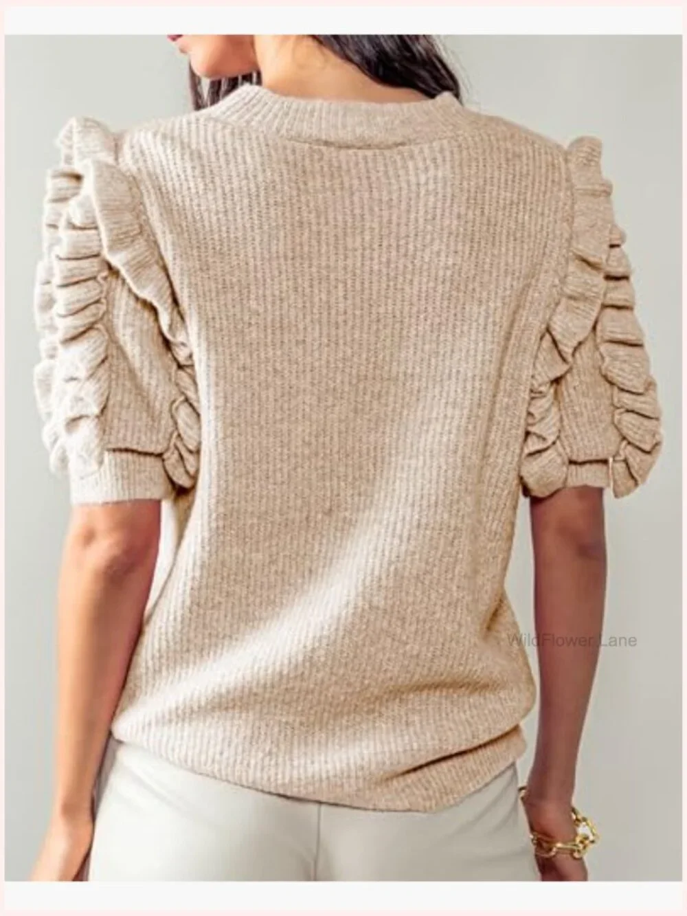 Ruffle Sleeve Sweater Crew Neck Ribbed Knit Pullover Trendy Blouse
